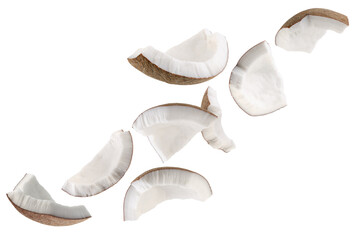 Pieces of coconut fly in space forming a strange shape. Isolated on white