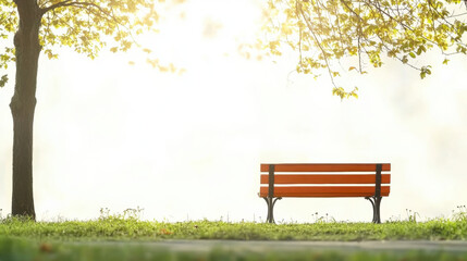 Fototapeta premium Empty park bench under tree with soft sunlight and serene atmosphere, surrounded by green grass and leaves, evoking peaceful and tranquil mood