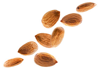 Whole almonds fly in space forming an unusual figure. Isolated on white