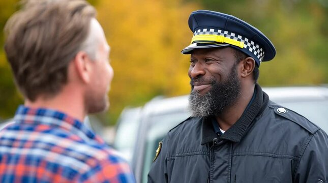 A friendly black police officer speaks to a citizen and witness at the scene of an accident - law enforcement and public safety concept