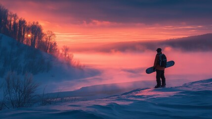 Fototapeta premium Silhouetted Snowboarder Standing in Winter Landscape During Sunset with Misty Fog and Colorful Sky