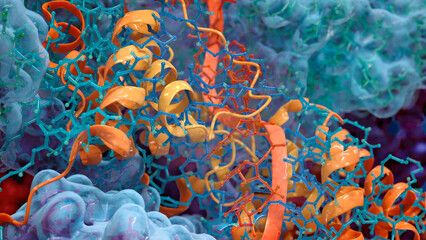 Abstract colorful 3D rendering of molecular and biochemical structures, symbolizing biotechnology and chemistry.
