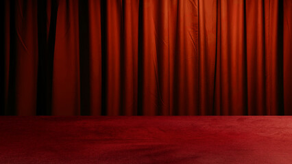 red velvet cloth table at foreground with red drape curtains at background. modern background for...