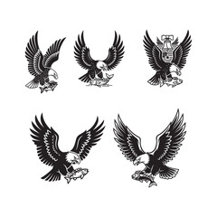 Black and White Eagle Illustrations with Fish and Liberty Bell vector design