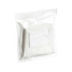 Blank white rectangular label on a sealed plastic pouch isolated on transparent background