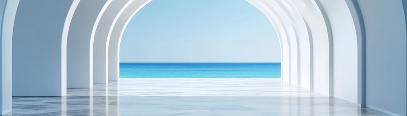 Obraz premium Coastal Archway White Columns Framing Blue Ocean View, minimalist , seaside