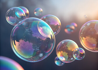 Colorful soap bubbles floating in the air with a soft, blurred background