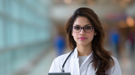 Confident healthcare professional in a lab coat and glasses, standing in a modern medical facility, Ideal for promoting healthcare services, medical education, or wellness-related content,