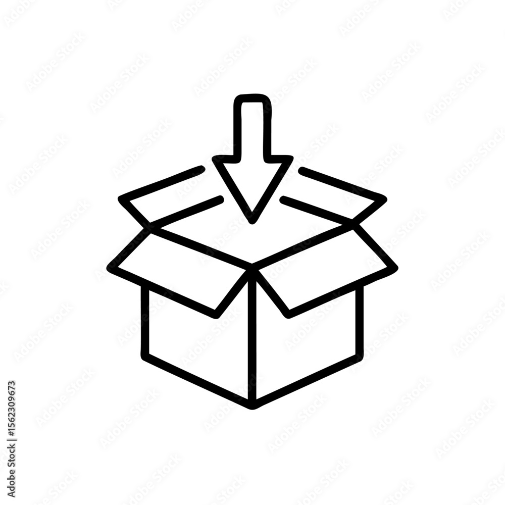 Poster outlined open cardboard box with an arrow pointing down on a package delivery