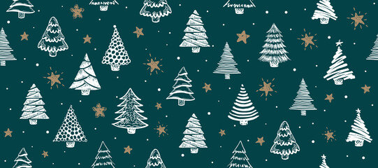 Christmas tree with star on blue, hand drawn illustrations	
