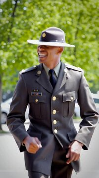A drill sergeant n dress uniform does a viral social media dance