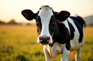 Close-up of black and white cow standing in green field. Natural rural background, ideal for agriculture, dairy farming, livestock promotion, and countryside-themed advertising visuals.