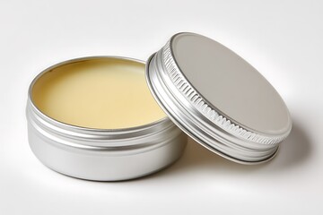 Open silver tin containing a light yellow cream substance on white background