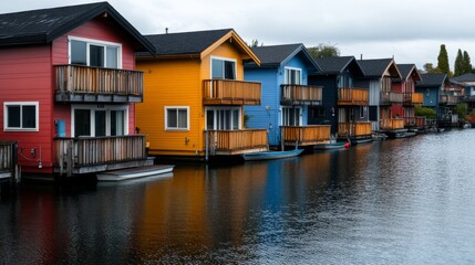 Fototapeta premium Colorful Floating Homes on Water, Seattle Architecture, Houseboats