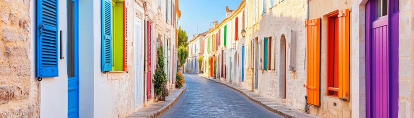 Obraz premium Colorful Shutters on Cobblestone Street,Europe ,Architecture