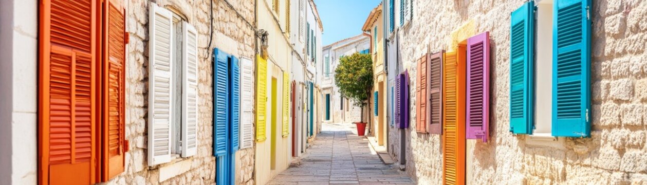 Colorful Shutters on Stone Buildings A Picturesque European Street Scene , Architecture , Travel