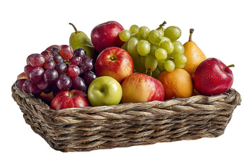Fresh fruit basket with apples, pears, and grapes.