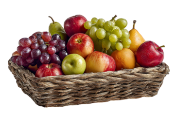 Fresh fruit basket with apples, pears, and grapes.