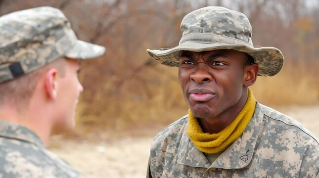 A drill sergeant barking orders at recruits during basic combat training for military and army soldiers
