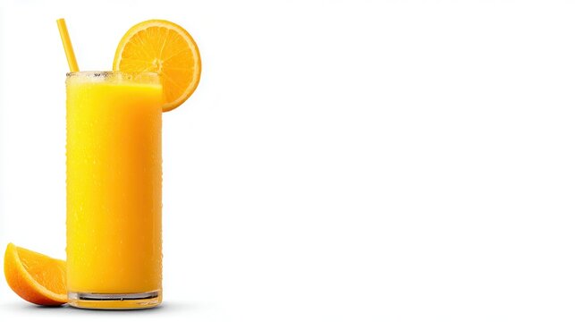 A refreshing glass of orange juice with condensation, accompanied by a slice of orange, This image is perfect for food blogs, health articles, or menus, highlighting natural beverages,