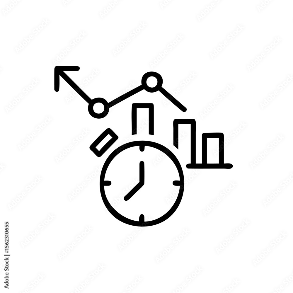 Poster line art a clock with a graph bar chart elements on a time bars