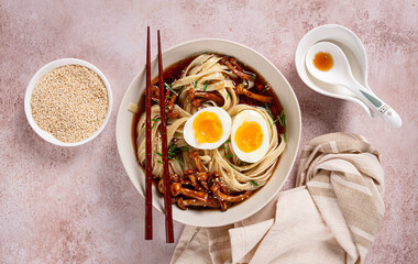 buckwheat noodles soba with shimeji mushrooms, with boiled egg, green onion, sesame seeds, homemade, without people,