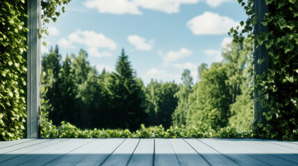 Serene view of lush green forest seen through wooden frame adorned with climbing ivy, under bright blue sky with scattered clouds, evoking tranquility and connection to nature