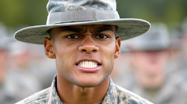 A drill sergeant barking orders at recruits during basic combat training for military and army soldiers