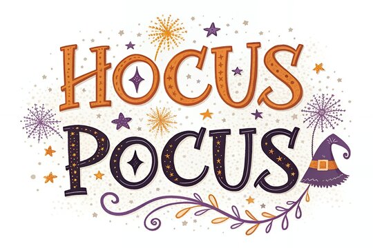 Whimsical hocus pocus lettering with stars fireworks and a witch hat on a textured white background perfect for halloween celebrations