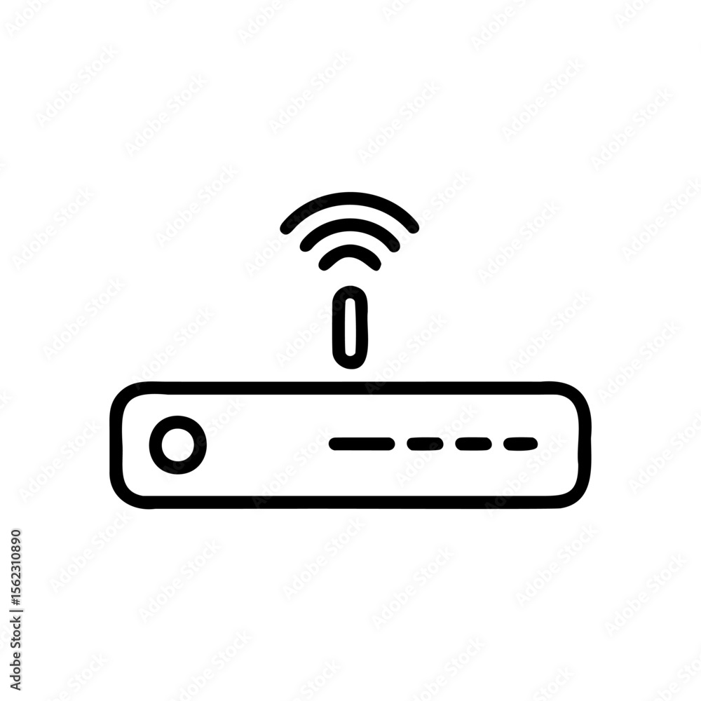 Poster handdrawn router icon with wifi signal power button on wireless internet