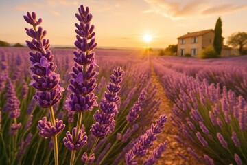 Obraz premium Summer Serenity in the Heart of Provence: Lavender Fields Glowing Under a Warm Evening Sky