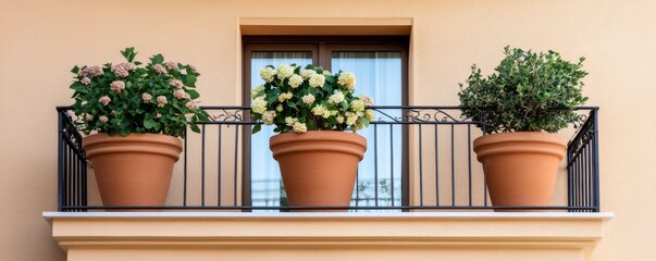 Fototapeta premium Elegant Balcony Garden Terra Cotta Pots with Hydrangeas and Greenery, Balcony Plants , Container Gardening