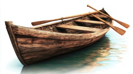A rustic wooden rowboat rests gently on tranquil water, showcasing craftsmanship and natural beauty, Ideal for themes of adventure, relaxation, nature, and sustainability in various creative projects