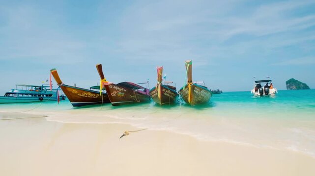 Longtail boats rest on a sandy beach with turquoise water in thailand