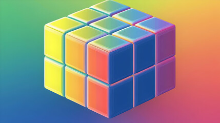 Colorful, vibrant cube puzzle, with gradient hues.  Each small cube is a distinct color, forming a larger cube.  A 3x3 arrangement