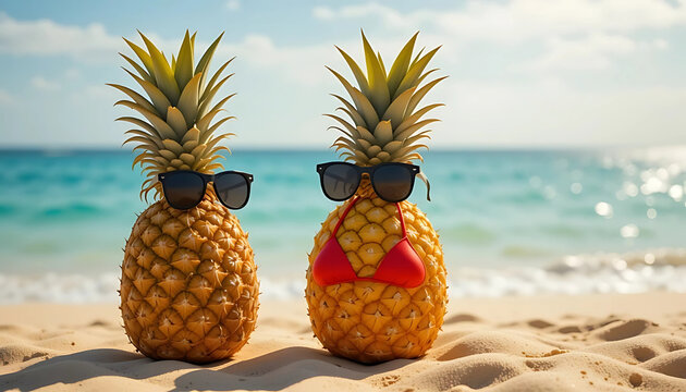  Two Pineapples with Sunglasses on Tropical Beach, Summer Vacation Fun