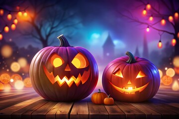 Fototapeta premium Spooky halloween night with glowing carved pumpkins and festive string lights creating a magical and eerie atmosphere on a wooden surface