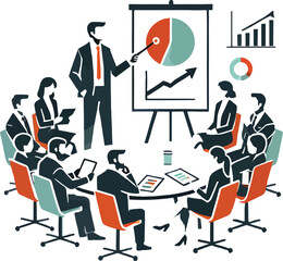 Business presentation with colleagues discussing financial performance around a round table