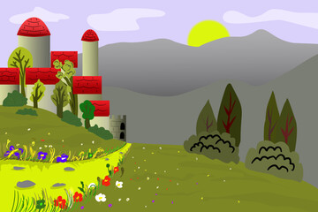 Landscape with mountains and stone castle. Castle in mountainous landscape. Holiday travel through the landscape. Exploring monuments. Path leading through the landscape to the castle.