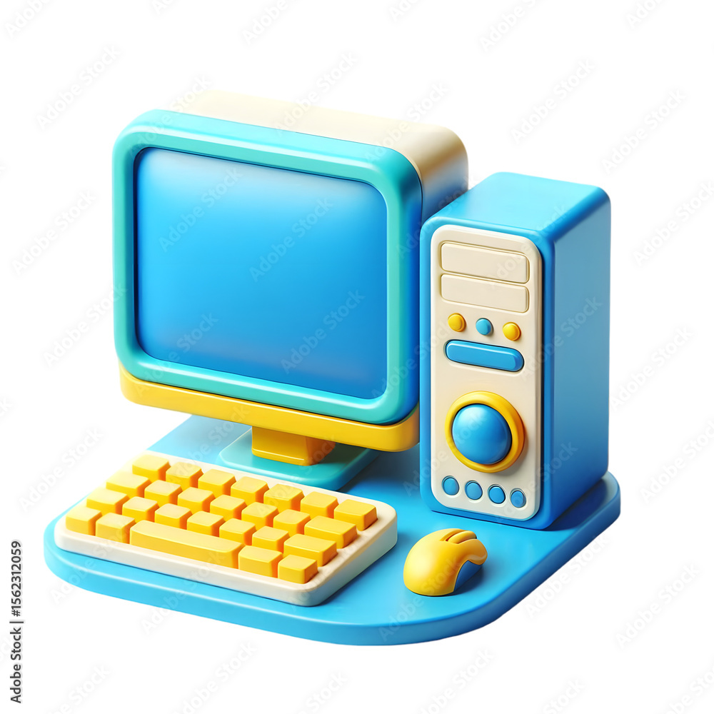 Fototapete cute cartoon computer set with monitor keyboard and mouse isolated on transparent background
