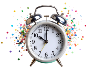 Minimalistic Alarm Clock with Colorful Confetti, Isolated on Transparent Background for Time Planning Concept