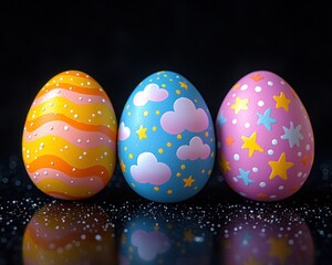 Colorful Easter eggs, vibrant designs, on a dark background
