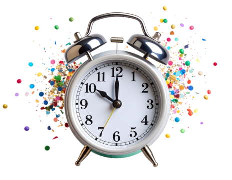 Minimalistic Alarm Clock with Colorful Confetti, Isolated on Transparent Background for Time Planning Concept - Powered by Adobe