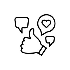 Hand gesture thumbs up with speech bubbles heart symbol on like