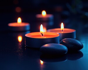 A tranquil scene of candles and stones, casting warm light on a dark surface