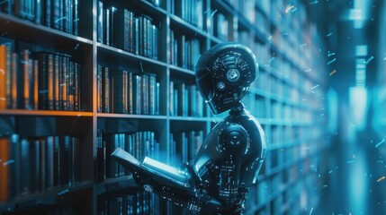 Robot reads book in futuristic library