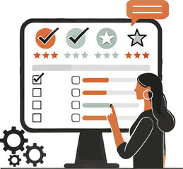 Woman selecting options on a computer screen representing a customer feedback survey