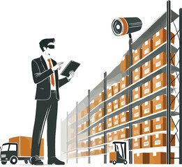 Warehouse manager inspecting stock with security camera and delivery truck in a simplified style