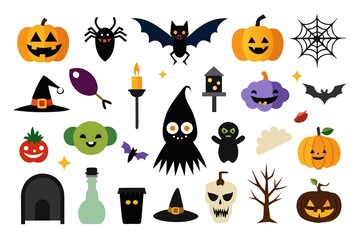 Flat Design Halloween Icons: Cute, Spooky, and Festive Cartoon Characters and Elements for Holiday Celebrations.