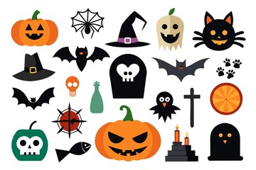 Flat Design Halloween Icons: Spooky Pumpkins, Bats, Ghosts, and More.